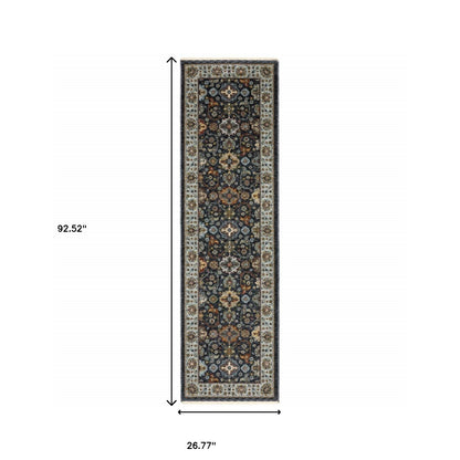 2' X 8' Blue And Beige Oriental Power Loom Runner Rug With Fringe