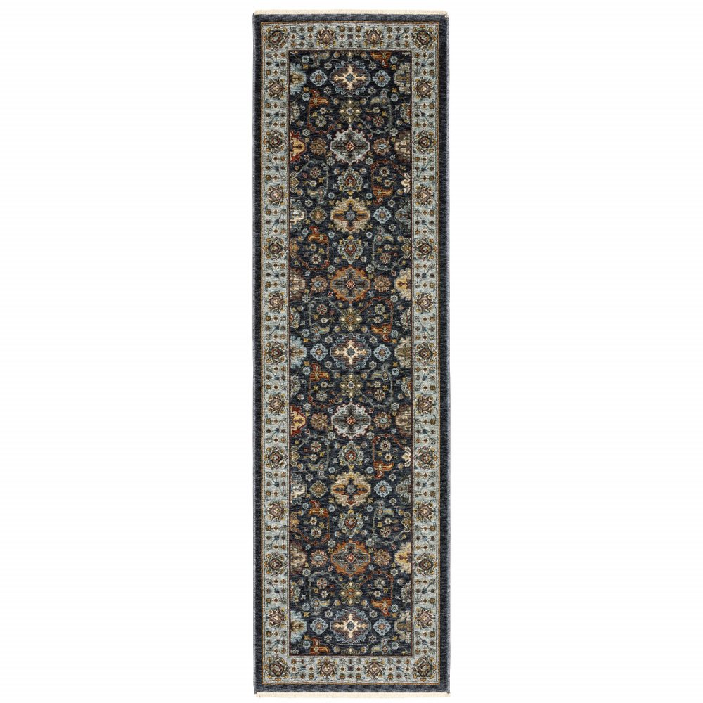 2' X 8' Blue And Beige Oriental Power Loom Runner Rug With Fringe