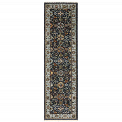 2' X 8' Blue And Beige Oriental Power Loom Runner Rug With Fringe