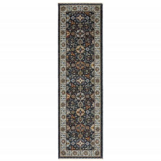 2' X 8' Blue And Beige Oriental Power Loom Runner Rug With Fringe