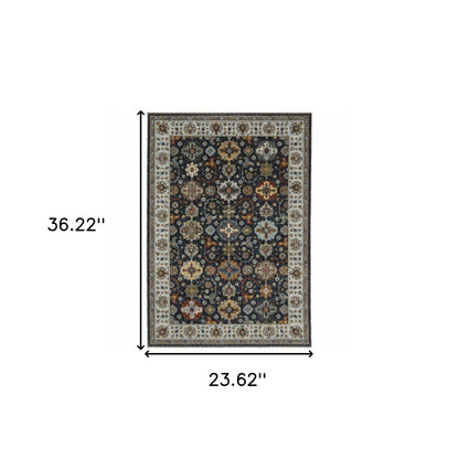 2' X 3' Blue Red Beige Yellow Grey Rust And Gold Oriental Power Loom Stain Resistant Area Rug With Fringe