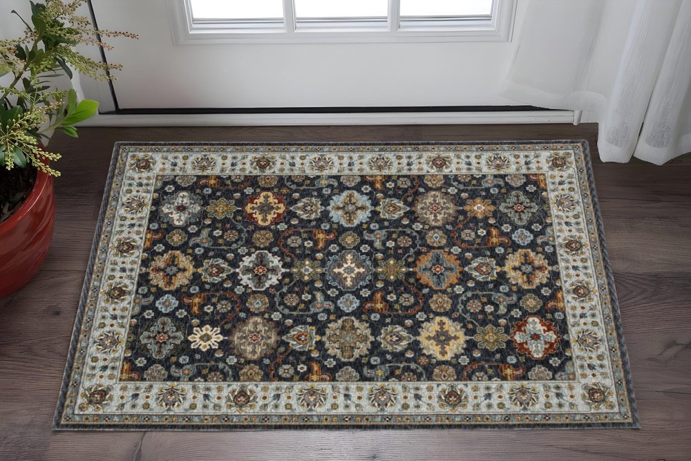 2' X 3' Blue Red Beige Yellow Grey Rust And Gold Oriental Power Loom Stain Resistant Area Rug With Fringe