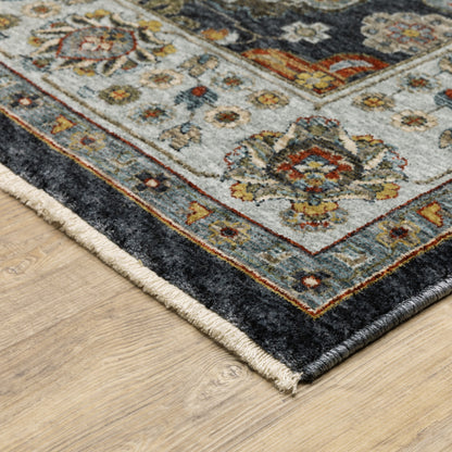 3' X 5' Blue Red Beige Yellow Grey Rust And Gold Oriental Power Loom Stain Resistant Area Rug With Fringe