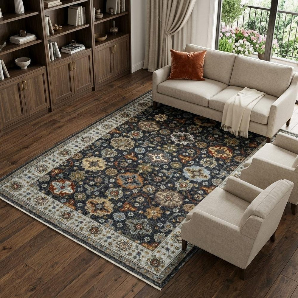 7' X 10' Blue And Beige Oriental Area Rug With Fringe