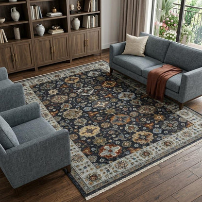 7' X 10' Blue And Beige Oriental Area Rug With Fringe