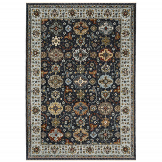 7' X 10' Blue And Beige Oriental Area Rug With Fringe