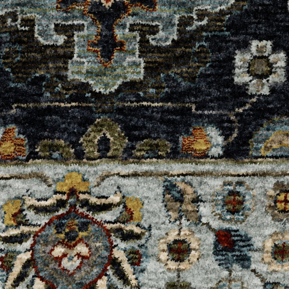 7' X 10' Blue And Beige Oriental Area Rug With Fringe