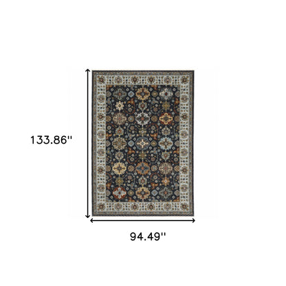 8' X 11' Blue Red Beige Yellow Grey Rust And Gold Oriental Power Loom Stain Resistant Area Rug With Fringe