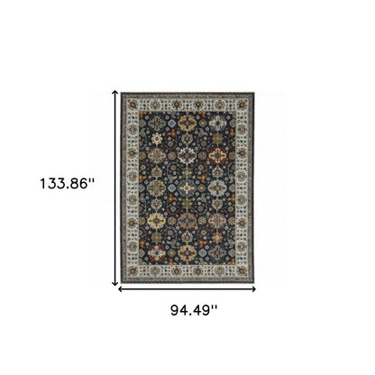 8' X 11' Blue And Beige Oriental Area Rug With Fringe