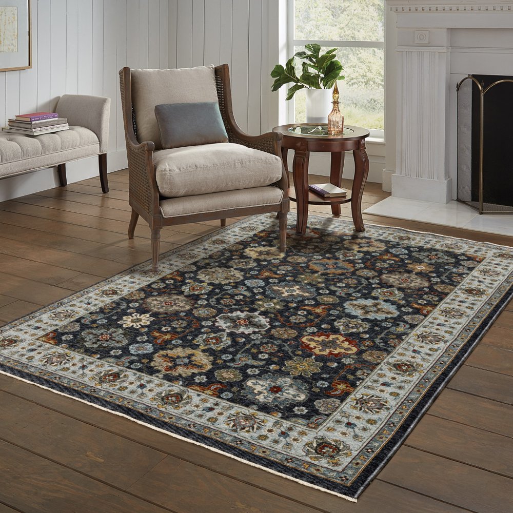 8' X 11' Blue And Beige Oriental Area Rug With Fringe