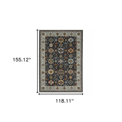 10' X 13' Blue Red Beige Yellow Grey Rust And Gold Oriental Power Loom Stain Resistant Area Rug With Fringe