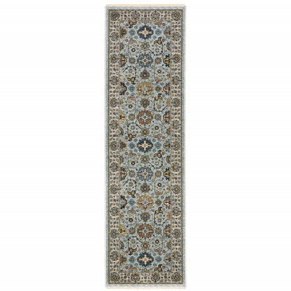 8' Blue And Ivory Oriental Power Loom Runner Rug With Fringe