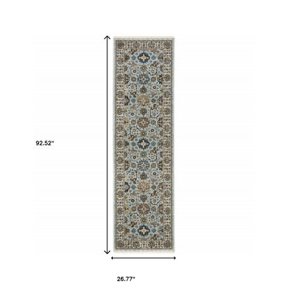 8' Blue And Ivory Oriental Power Loom Runner Rug With Fringe