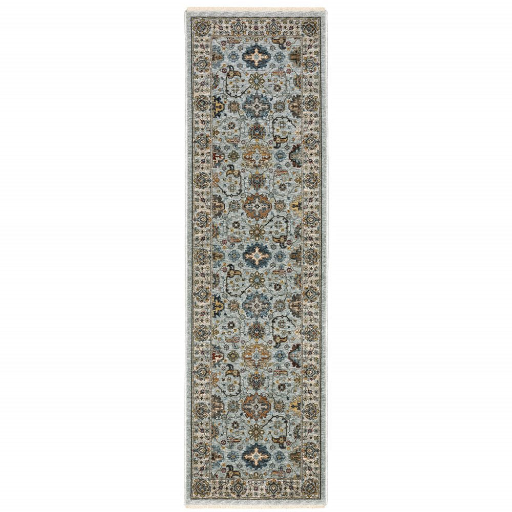 8' Blue And Ivory Oriental Power Loom Runner Rug With Fringe