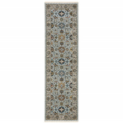 8' Blue And Ivory Oriental Power Loom Runner Rug With Fringe