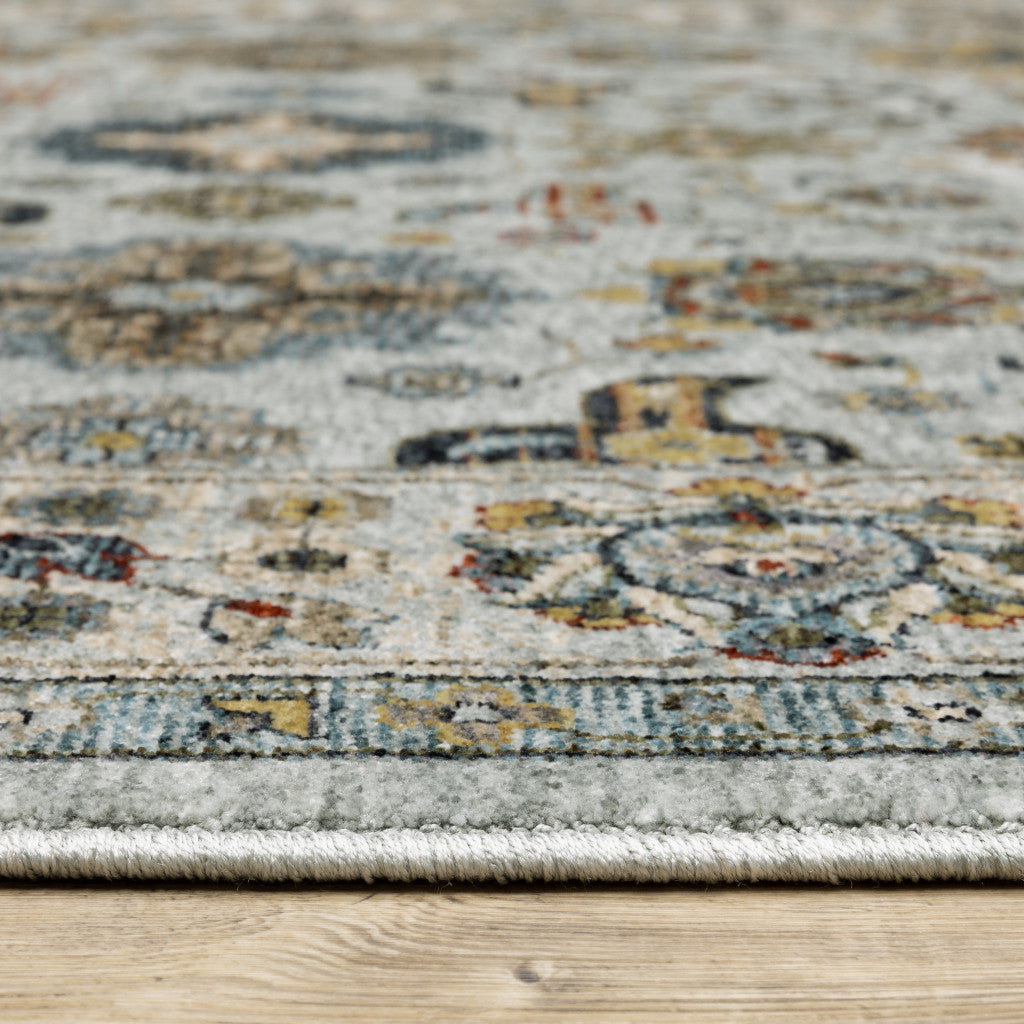 8' Blue And Ivory Oriental Power Loom Runner Rug With Fringe