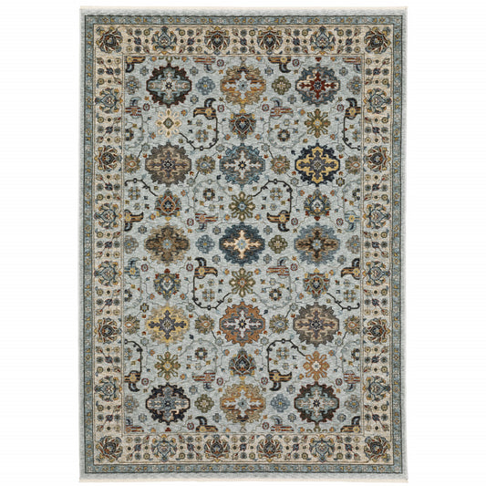 2' X 3' Blue Beige Grey Green Yellow And Rust Oriental Power Loom Stain Resistant Area Rug With Fringe