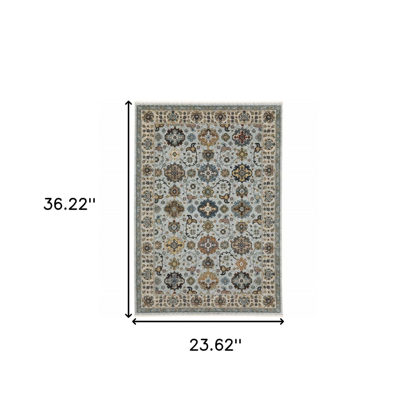 2' X 3' Blue Beige Grey Green Yellow And Rust Oriental Power Loom Stain Resistant Area Rug With Fringe