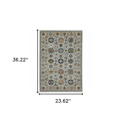 2' X 3' Blue Beige Grey Green Yellow And Rust Oriental Power Loom Stain Resistant Area Rug With Fringe