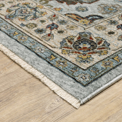 2' X 3' Blue Beige Grey Green Yellow And Rust Oriental Power Loom Stain Resistant Area Rug With Fringe