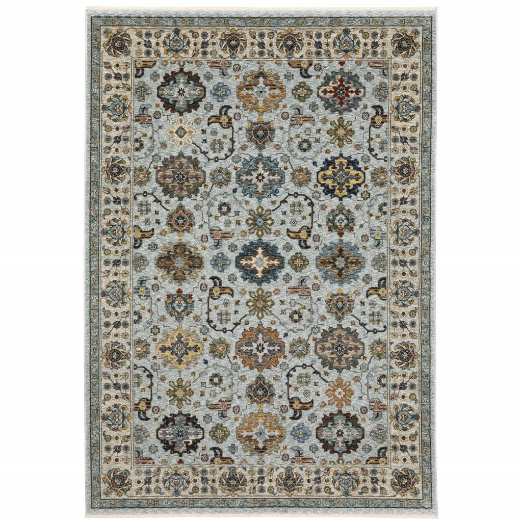 3' X 5' Blue Beige Grey Green Yellow And Rust Oriental Power Loom Stain Resistant Area Rug With Fringe