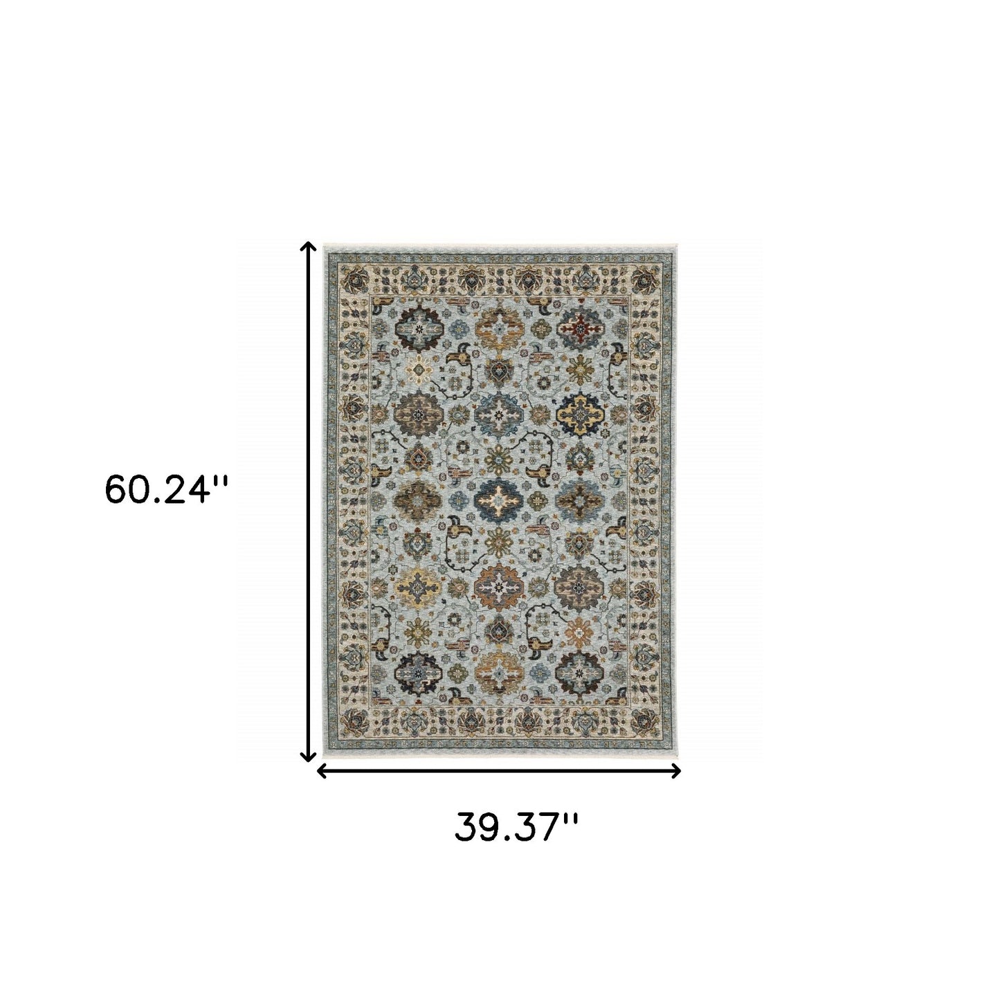 3' X 5' Blue Beige Grey Green Yellow And Rust Oriental Power Loom Stain Resistant Area Rug With Fringe