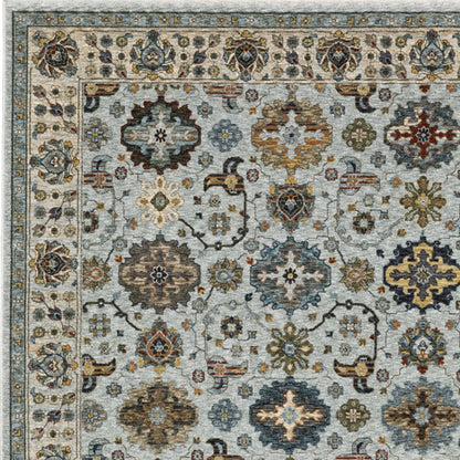 3' X 5' Blue Beige Grey Green Yellow And Rust Oriental Power Loom Stain Resistant Area Rug With Fringe