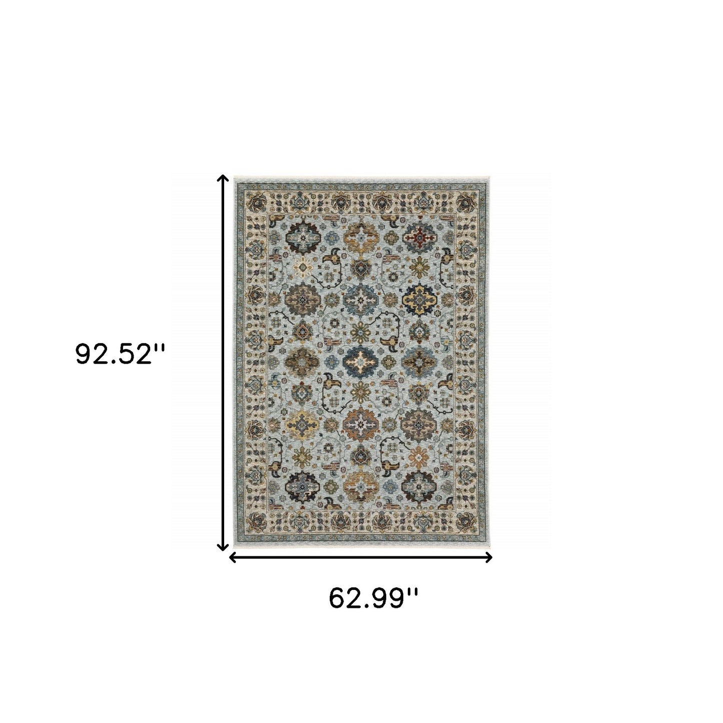 5' X 8' Blue Beige Grey Green Yellow And Rust Oriental Power Loom Stain Resistant Area Rug With Fringe