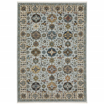 10' X 13' Blue Beige Grey Green Yellow And Rust Oriental Power Loom Stain Resistant Area Rug With Fringe