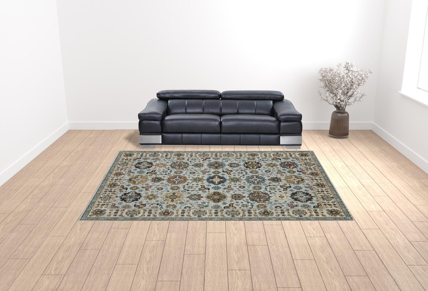 10' X 13' Blue Beige Grey Green Yellow And Rust Oriental Power Loom Stain Resistant Area Rug With Fringe