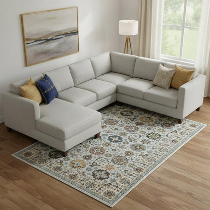 10' X 13' Blue Beige Grey Green Yellow And Rust Oriental Power Loom Stain Resistant Area Rug With Fringe