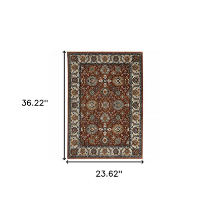 2' X 3' Red Blue Ivory Gold And Navy Oriental Power Loom Stain Resistant Area Rug With Fringe