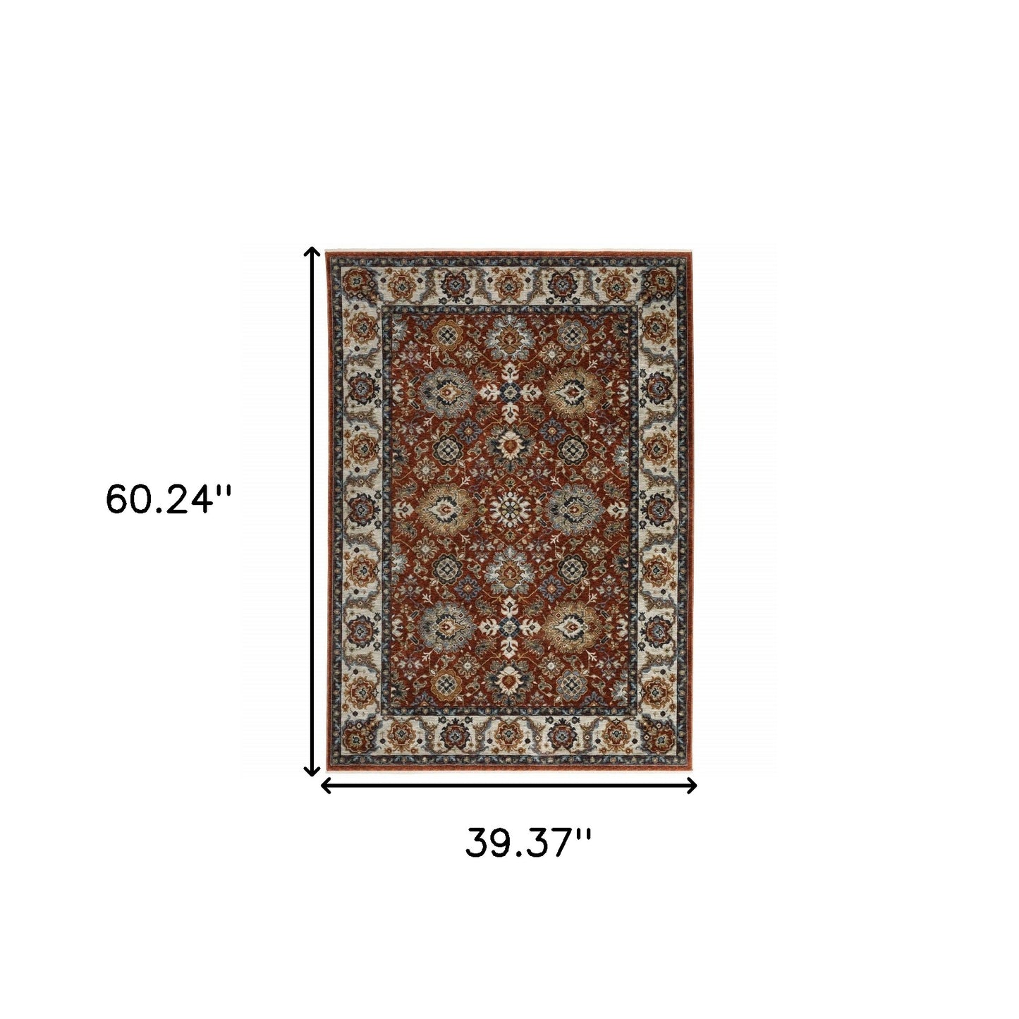 3' X 5' Red Blue Ivory Gold And Navy Oriental Power Loom Stain Resistant Area Rug With Fringe