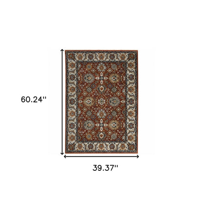 3' X 5' Red Blue Ivory Gold And Navy Oriental Power Loom Stain Resistant Area Rug With Fringe