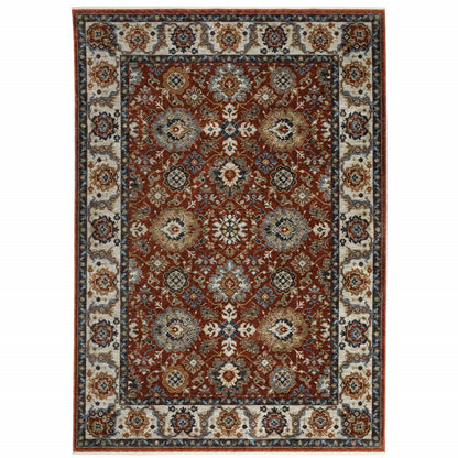 5' X 8' Red Blue Ivory Gold And Navy Oriental Power Loom Stain Resistant Area Rug With Fringe