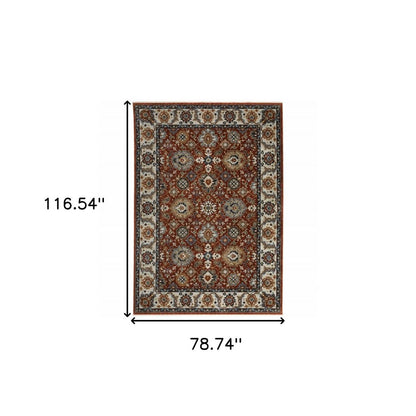 7' X 10' Red Ivory And Orange Oriental Area Rug With Fringe