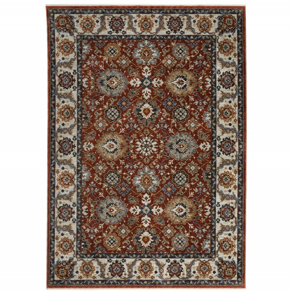 7' X 10' Red Ivory And Orange Oriental Area Rug With Fringe