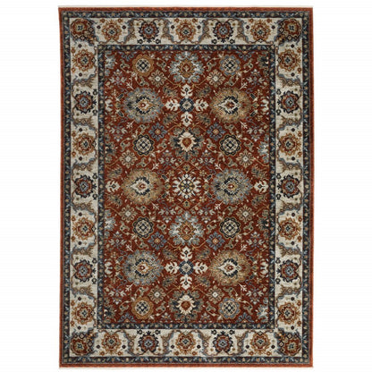 7' X 10' Red Ivory And Orange Oriental Area Rug With Fringe