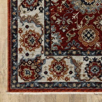 7' X 10' Red Ivory And Orange Oriental Area Rug With Fringe