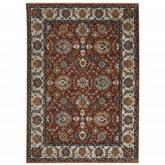 8' X 11' Red Blue Ivory Gold And Navy Oriental Power Loom Stain Resistant Area Rug With Fringe