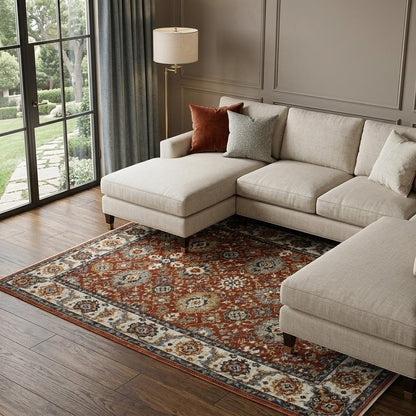 8' X 11' Red Ivory And Orange Oriental Area Rug With Fringe
