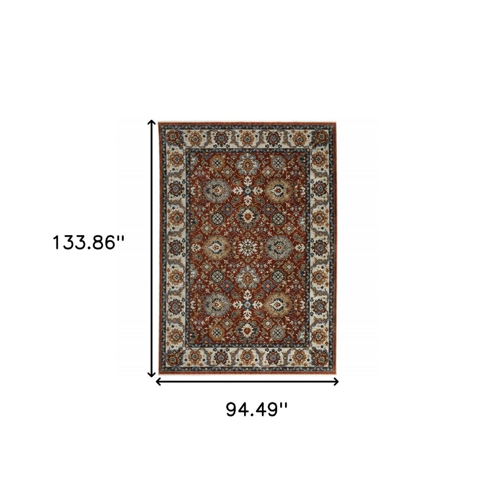 8' X 11' Red Ivory And Orange Oriental Area Rug With Fringe