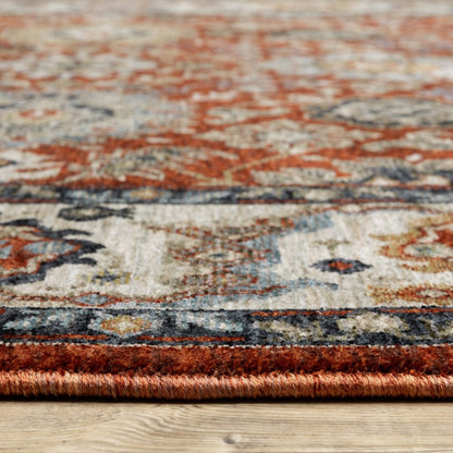 8' X 11' Red Ivory And Orange Oriental Area Rug With Fringe