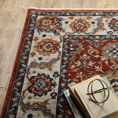 8' X 11' Red Ivory And Orange Oriental Area Rug With Fringe
