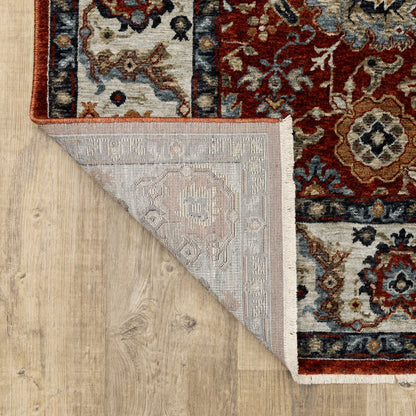 8' X 11' Red Ivory And Orange Oriental Area Rug With Fringe