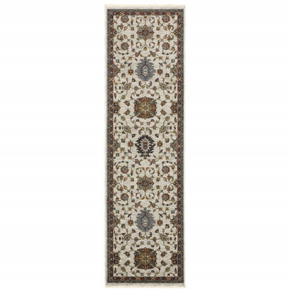 2' X 8' Beige Rust Red Blue Gold And Grey Oriental Power Loom Stain Resistant Runner Rug With Fringe