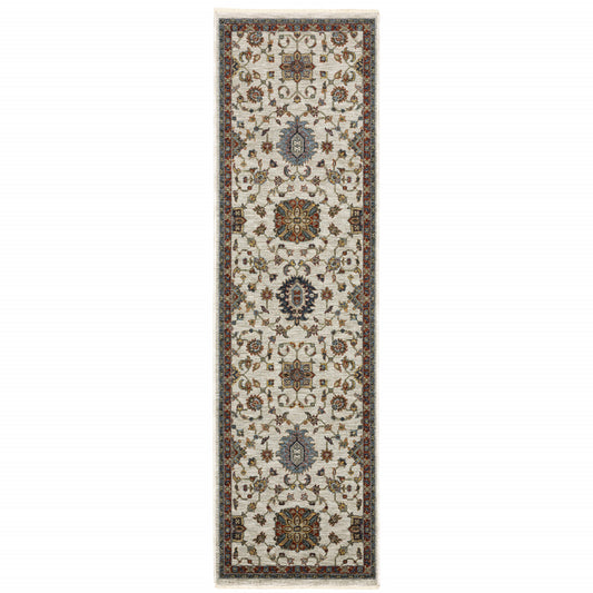 2' X 8' Beige Rust Red Blue Gold And Grey Oriental Power Loom Stain Resistant Runner Rug With Fringe