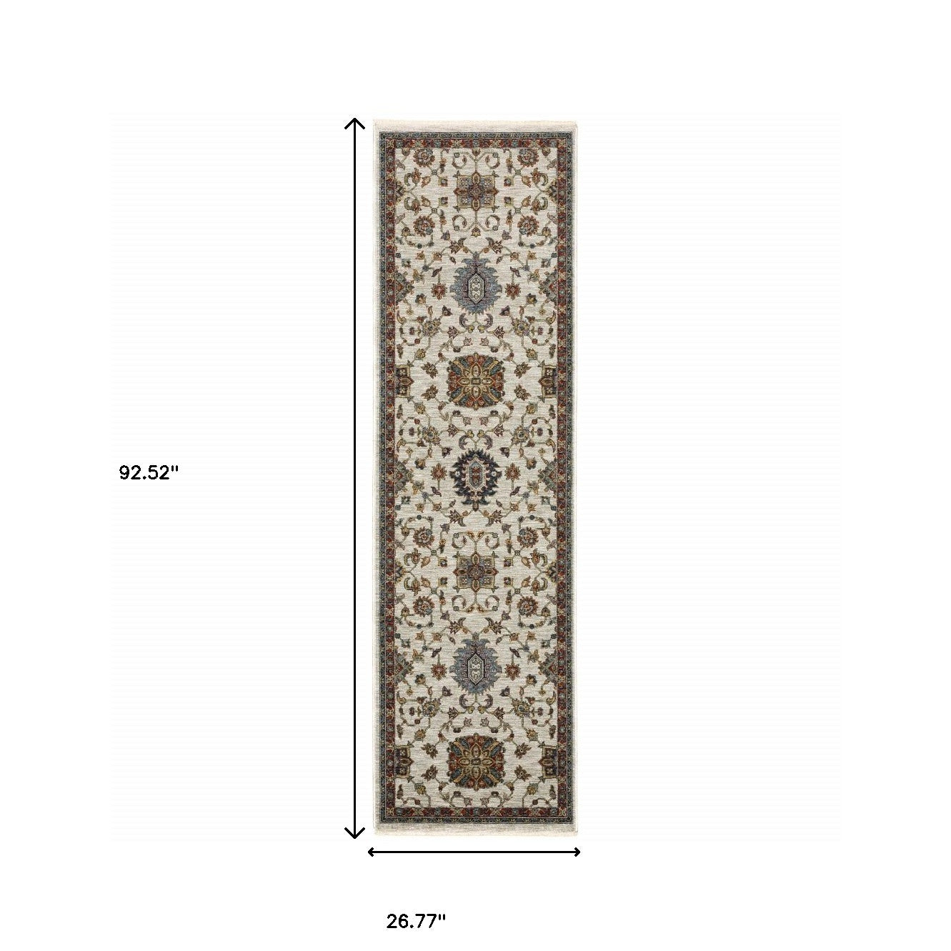 2' X 8' Beige Rust Red Blue Gold And Grey Oriental Power Loom Stain Resistant Runner Rug With Fringe