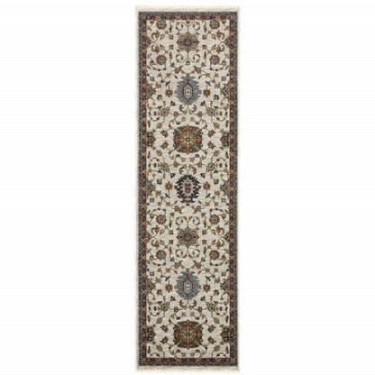 2' X 8' Beige Rust Red Blue Gold And Grey Oriental Power Loom Stain Resistant Runner Rug With Fringe