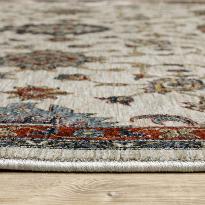 2' X 8' Beige Rust Red Blue Gold And Grey Oriental Power Loom Stain Resistant Runner Rug With Fringe